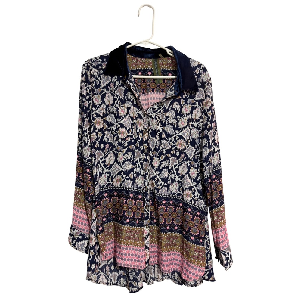Aratta Silent Journey Button Down Top Boho Floral Navy Velvet Collar Medium